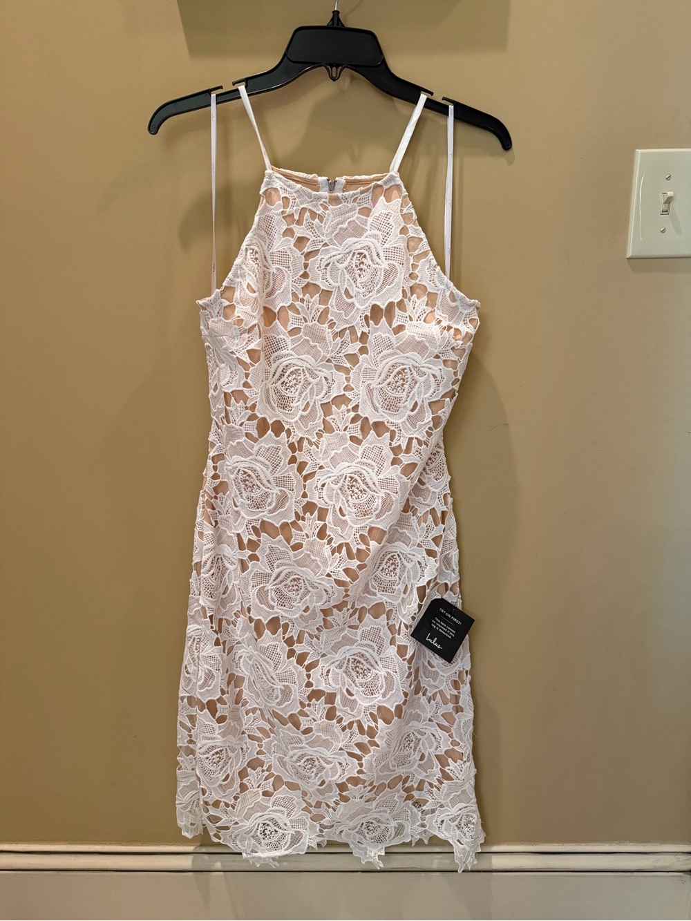 Lulu's White Rose Lace Midi Dress with Nude Underlay